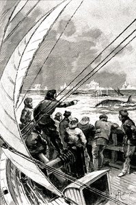 Till sjöss mot polen: besättningen på ett fartyg (segelbåt) ser en grupp valar. Illustration av romanen av Jules Verne (1828-1905) "" Issfinxen "" av George Roux