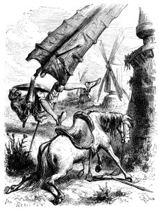 Kampen mot kvarnarna: Don Quijote och Rossinante kastas till marken av en kvarnvinge av George Roux