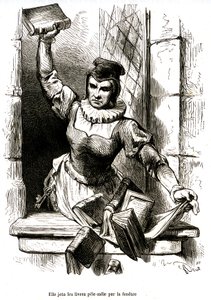 Don Quijotes guvernant kastar ut böckerna i sitt bibliotek genom fönstret