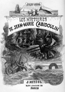 Frontispice till Jules Vernes roman "Les histoires de Jean-Marie Cabidoulin" (1901), Hetzel Collection/Extraordiaires, illustration av George Roux. "Framkallande av maritima scener: harpunering av en val, attack av ett fartyg av en sjöorm" av George Roux