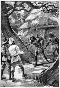 Illustration av George Roux till Jules Vernes bok The Aerien Village (1901), Hetzel edition/Extraordinary Voyages, Known and Unknown Worlds. Två Wagdiss Sentinels hotar upptäcktsresande med sina förgrenade vapen av George Roux