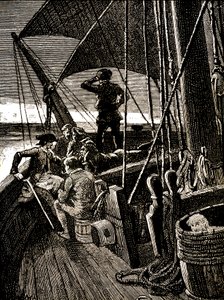 Jim Hawkins råkar höra ett samtal som avslöjar piratmyteriet av George Roux