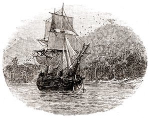 Fartyget Hispaniola kastar ankar utanför ön av George Roux