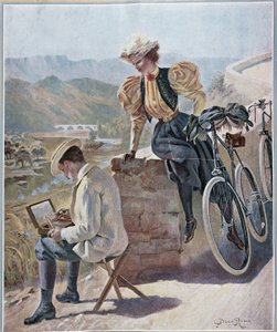 Akvarell och cykling - litografi av Georges Roux, v.1900