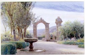 En italiensk trädgård med en fontän och två valv av George Samuel Elgood
