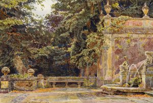 Italienska trädgårdar: Vid foten av kaskaden, Villa Corsini (färglitografi) av George Samuel Elgood