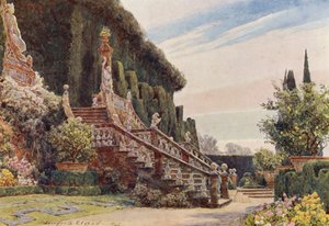 Italienska trädgårdar: Den stora trappan, Villa Garzoni (färglitografi) av George Samuel Elgood