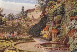 Italienska trädgårdar: Palazzo från parterren, Villa Palmieri (färglitografi) av George Samuel Elgood