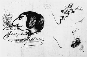 George Sand röker (1804-76) karikerad av henne själv