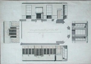 Sektion av det avsedda biblioteket i Cobham Hall, Kent (penna och bläck med färgad tvätt på papper) av George Shakespeare