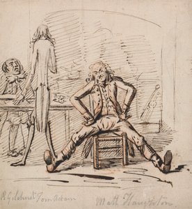 Tre män i ett rum: Gilchrist sitter vid ett bord, Tom Adam står, sedd bakifrån, och Matt Haughton sitter utspridda ben och armar Akimbo före en eld