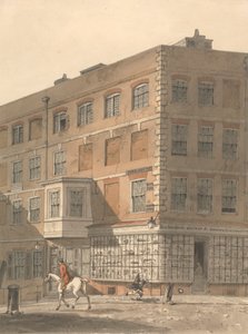 York House, hörnet av Villiers Street och Strand, med Richardsons forntida och moderna trycklager i förgrunden