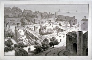 Fågelperspektiv av biskopen av Winchesters palats, Southwark, London, c1820. av George Shepherd