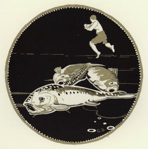 Han såg fyra stora fiskar ligga på isen (färg litho) av George Sheringham