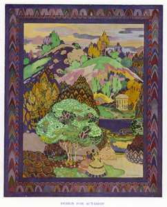 The Duenna av Sheridan: Design for Act-Drop (färg litho) av George Sheringham