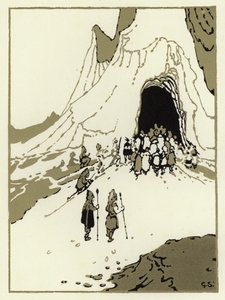 Folket gav sig ut för att hitta jättarna, snart kom de till sin grotta (färg litho) av George Sheringham