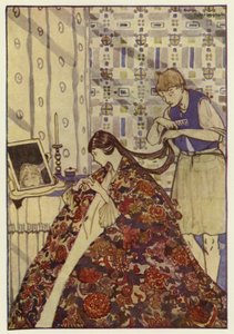 Sedan klädde han sin syster i bra kläder och tvättade och kammade hennes hår (färg litho) av George Sheringham