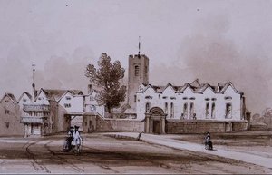 Highgate School and Chapel, ca 1840 (tvättteckning i sepia bläck) av George Sidney Shepherd