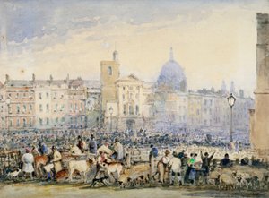 Utsikt över Smithfield Market med figurer och djur, City of London, 1824.