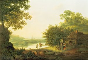 Äppelplockare, vid en stuga i ett skogslandskap med Chichester bortom av George Smith