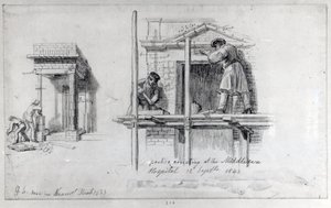 Uppförande av portiker vid Newham Street och Middlesex Hospital, London, 1833 och 1840 av George Snr Scharf