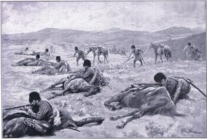 En kosack och hans häst: en anordning för att säkra skydd under en skärmytsling, illustration från Cassells History of the Russo-Japanese War Vol 1, c.1900 av George Soper