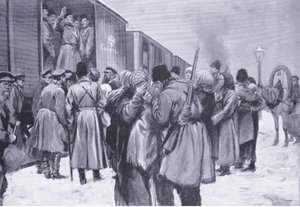 Ryska truppers avresa till Fjärran Östern, illustration från Cassells History of the Russian-Japanese War Vol 1, c.1900 av George Soper
