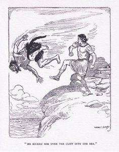 Han sparkade honom över klippan i havet, från The Heroes publicerad av George Allen och Unwin 1929 (färg litho) av George Soper