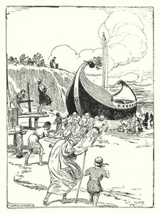 Jason och Argonauterna: "Det goda skeppet Argo hoppade upp ur sanden på rullarna och störtade vidare som en galant häst" (litho) av George Soper