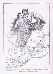 Perseus lyfte sin vackra Andromeda i sina armar och flydde med henne till klipptopparna, från hjältarna publicerade av George Allen och Unwin 1929 av George Soper