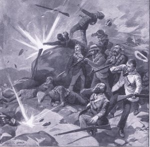 Johannesburgpolisens sista läktare i Bergendal, illustration från After Pretoria: The Guerilla War, 1902