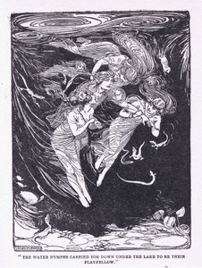 Vattennymferna bar honom nerför sjön till sin lekkamrat, från The Heroes publicerad av George Allen och Unwin 1929 (litho) av George Soper