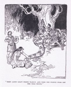Sedan hoppade Jason trött fram och slet av fleece från trädstammen, från The Heroes publicerad av George Allen och Unwin 1929 (litho) av George Soper