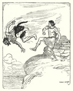 Theseus: "Han sparkade honom över klippan i havet" (litho) av George Soper