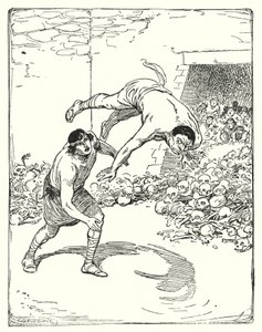 Theseus: "Theseus kastade honom rakt över hans axel på marken" (litho) av George Soper
