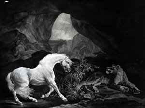 En häst skrämd av en lejoninna, graverad av Benjamin Green, 1774