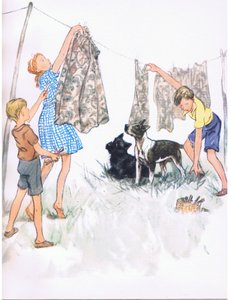 Hänga upp tvätten på tvättlinan - Bullterriern Nobby och Aberdeen Ferdinand, från Pets Limited utgiven av Collins av George Vernon Stokes