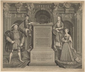 Henry VII och Henry VIII:s familj i Whitehall Palace av George Vertue after Hans Holbein the Younger