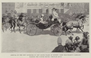 Den nya guvernören för New South Wales anländer till Sydney, Lord Beauchamps vagn passerar tullhuset, Circular Quay. av George Washington Lambert