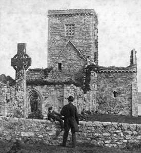 Ruinerna av katedralen och St Martins Cross, Iona, Argyll och Bute, Skottland, sent 1800-tal.
