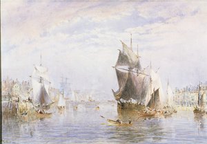 Litet hantverk på floden vid Whitby vid Whitby Bridge, 1877 (wc och utskrapa)
