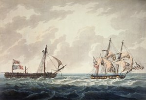 Hans Majestäts slup Bonne Citoyenne som tar den franska fregatten La Furieuse i släptåg efter aktionen den 6 juli 1809, graverad av R und D Havell, utgiven av Robert Cribb 1810.