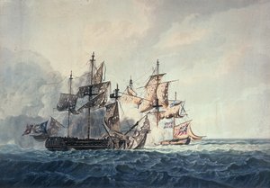 Handlingen mellan Hans Majestäts Sloop, Bonne Citoyenne, och den franska fregatten La Furieuse, den 6 juli 1809, på Västöarna, graverad av R und D Havell, publicerad av Robert Cribb 1810