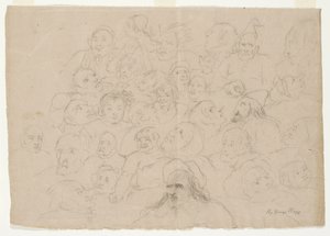Untitled - Många porträttskisser, grovt ritade, av män, kvinnor och barn (penna på papper)