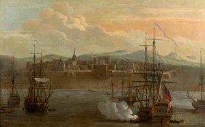 En målning av Fort St George i Madras, Indien. År 1731. Militärfort, och hamn med skepp. Fartygskanonen avfyras. Rök. Slåss. av George and Scott Samuel (1710 72) Lambert