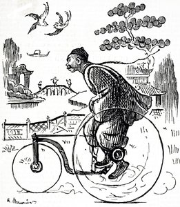 En tecknad serie som föreställer en kines som åker trehjuling genom en park i Kina. Illustrerad George du Maurier (1834-1896), en fransk-brittisk serietecknare och författare