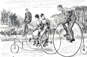 En tecknad serie som föreställer en grupp ungdomar som åker trehjuling. Illustrerad George du Maurier (1834-1896), en fransk-brittisk serietecknare och författare av George du Maurier