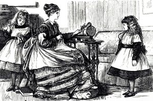 En tecknad film som föreställer en ung mamma som använder en symaskin. Illustrerad av George du Maurier (1834-1896), en fransk-brittisk serietecknare och författare