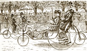 En gravyr som föreställer passagerare som åker i cykelvagnar. Illustrerad av George du Maurier (1834-1896), en fransk-brittisk serietecknare och författare av George du Maurier