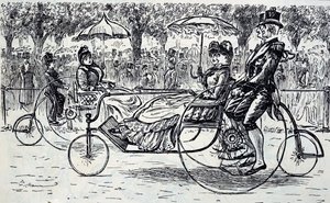 En gravyr som föreställer passagerare som åker i cykelvagnar. Illustrerad av George du Maurier (1834-1896), en fransk-brittisk serietecknare och författare av George du Maurier